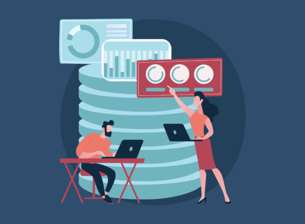 Dark blue background, data stack in ice blue with three charts, woman in warm tone pointing at warm-tone chart and holding laptop, man in warm tone sitting at desk with laptop.